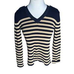 Lauren Ralph Lauren Navy Metallic Gold Stripe V-Neck Sweater Size Large